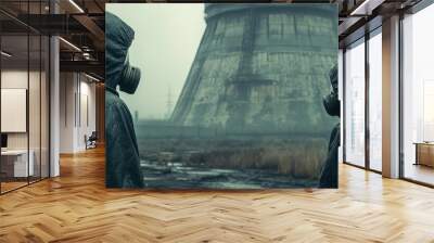 Two individuals in hazmat suits walk through an abandoned industrial area, with large decaying structures, highlighting a hazardous and contaminated scene. Wall mural