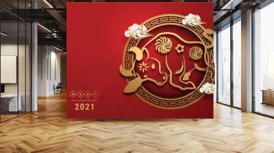 2021 Chinese New Year greeting card Zodiac sign with paper cut. Year of the OX. Golden and red ornament. Concept for holiday banner template, decor element. Translation : Happy chinese new year 2021, Wall mural