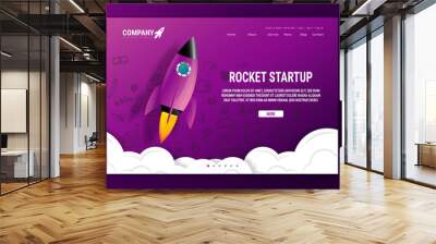 Website landing home page with rocket. Business project startup and development modern flat background. Mobile web design template. Web banner design. Startup concept.  Wall mural