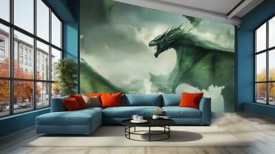 A fierce dragon with emerald scales flying over a medieval castle, smoke trailing from its nostrils as it soars Wall mural