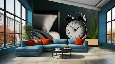 An alarm clock displaying the early morning hours on a nightstand in a dark room Wall mural