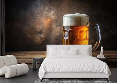 Delicious and refreshing beer mug on a wooden table with dark background Wall mural