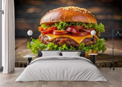 Delicious juicy cheeseburger with crispy bacon and fresh lettuce isolated on white background Wall mural