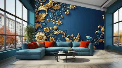 Elegant floral pattern with gold and blue elements on a dark blue background Wall mural