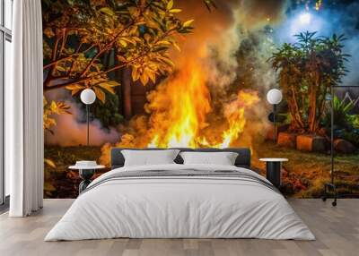 Fire burning in garden at night creating leading lines Wall mural