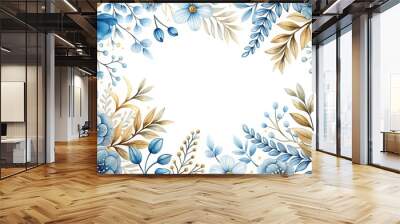 Floral pattern with blue flowers and gold leaves on white background Wall mural