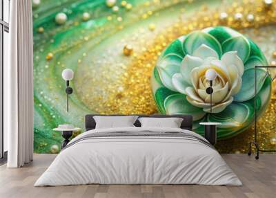 flower marble texture with abstract green white glitter and gold background alcohol ink color Close-Up Wall mural