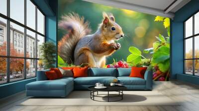 Fluffy cute squirrel in forest with harvested berries and green leaves Wall mural