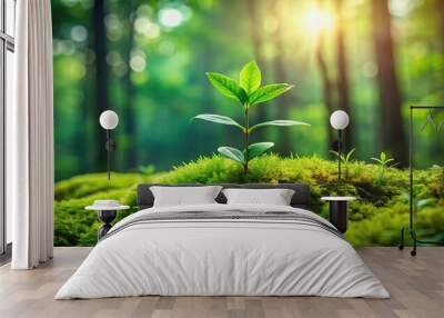 Fresh green plant growing in mossy forest wide-angle Wall mural