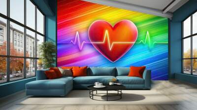 Heart with heartbeat graphic on vibrant colorful background Wall mural