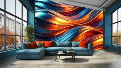 High angle abstract fluid light and metallic waves in orange and blue abstract background Wall mural