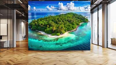 High angle view of tropical island with lush trees and wildlife Wall mural