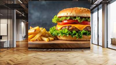 Homemade cheese smash burger with lettuce tomato and fries on white plate Wall mural