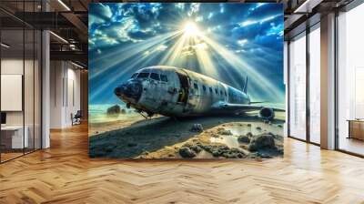 Illuminated downed aircraft fuselage in sunlight Wall mural