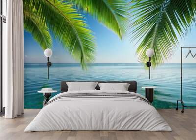 Minimalist palm tree leaves hanging over calm tranquil ocean water Wall mural