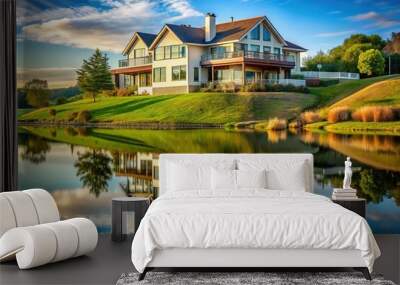 modern typical American house on hill reflected in water Wall mural