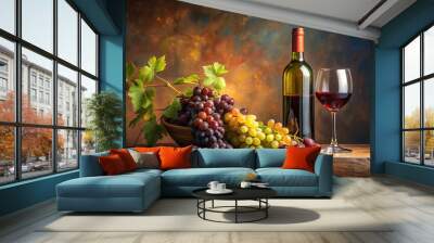 Oil painting of grapes, glass of wine, bottle of wine Wall mural