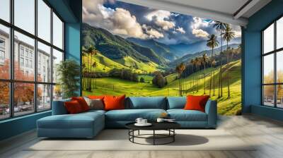 Panoramic landscape of grass and clouds in Cocora Valley Wall mural