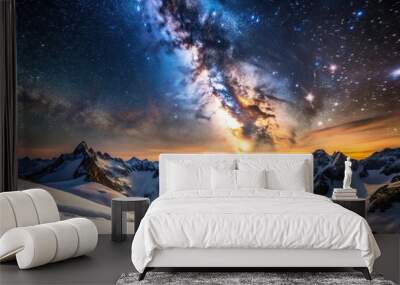 Snowy mountain landscape with Milky Way in the spring sky Wall mural