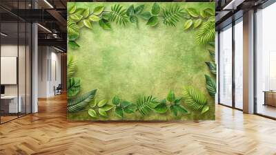 Symmetrical green botanical frame on textured background with copy space Wall mural