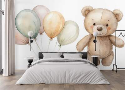 watercolor cute teddy bear holding balloons in gray and beige Fisheye style Wall mural