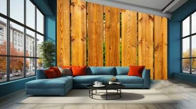 Wooden garden fence with medium oak color paint Wall mural