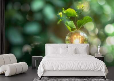 Eco-Friendly Innovation. Green Energy Concept with Glowing Bulb and Plant. A symbol of sustainable power, where technology meets nature in harmony against a bokeh background Wall mural