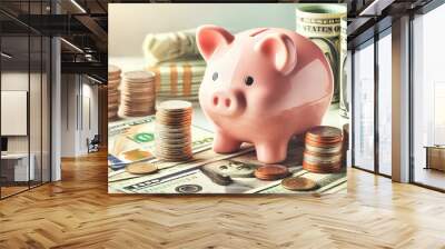 ecuring your savings. A piggy bank and stacked coins on dollar bills for National Financial Awareness Day. Wall mural