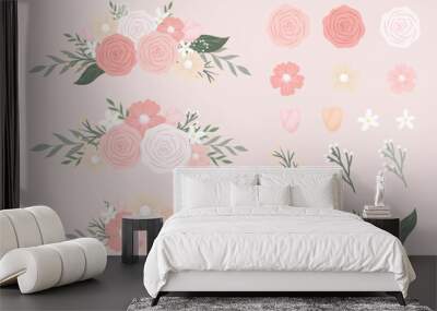 set of floral branch. flower pink rose, green leaves, pink tulip, and white daisy. vector arrangemen Wall mural