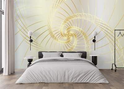 Distorted abstract lines, wireframe tunnel. The gold spiral line, Golden Ratio on the white gold background. Vector illustration. Wall mural