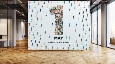 Happy labour day concept poster. Large group of people form to create number 1 as labor day is celebrated on 1st of may. Vector illustration.
 Wall mural