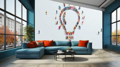 lamp icon or Idea concept. large group of people form to create shape lamp. Vector illustration. Wall mural