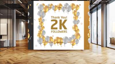 Thank you, 2k or two thousand followers or subscribers celebration design. Social media background made of gold black and white balloon. Vector illustration. Wall mural