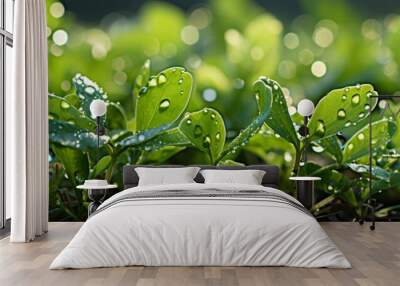 A beautiful macro closeup image of small green natural grass plant bud with water drops on its leaves  Wall mural