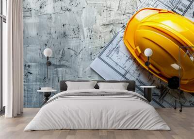 Arial view photo of a contractors table with yellow color safety helmet and construction drawing blueprint on a concrete table Wall mural