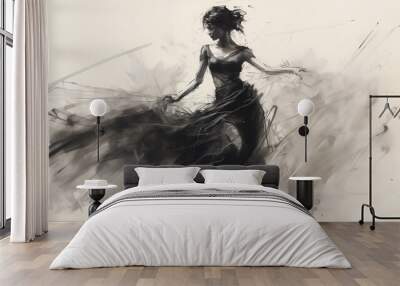 Black charcoal pencil drawing of a young active ballet dancing lady in white background with live performance  Wall mural