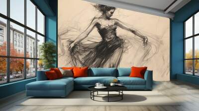 Black charcoal pencil drawing of a young active ballet dancing lady in white background with live performance  Wall mural