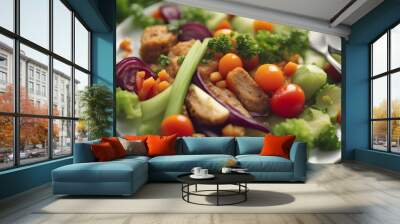 Closeup view of vegetarian food banner image, white color diet salad plate with different types of delicious vegetables and fruit slices on white background Wall mural