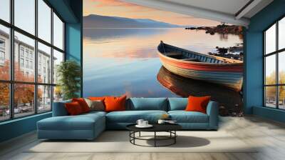 Colorful photo of a rowing boat decking near a lake with beautiful horizon landscape  Wall mural