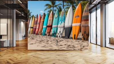 Different color and design surfing boards lay in order at tropical travel beach sand, coconut tress around  Wall mural