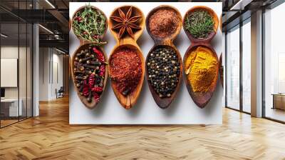 Different types of delicious spice powders in wooden spoons in a manner   Wall mural