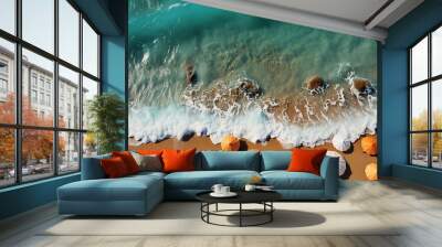 drone view of shore beach background with sea waves and sand from up Wall mural