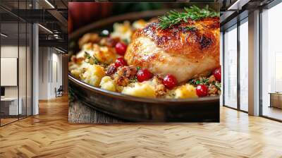 traditional thanksgiving dinner, food photo of bowls filled with thanks giving meal with roast turkey and other foods on a wooden table  Wall mural