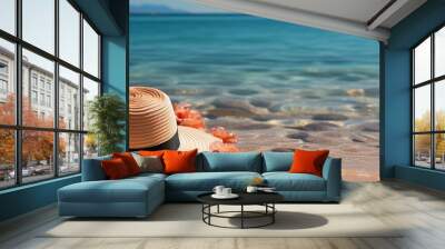 Tropical beach background with hat on the sand floor with beautiful scenery of blue sky and sea with horizon Wall mural