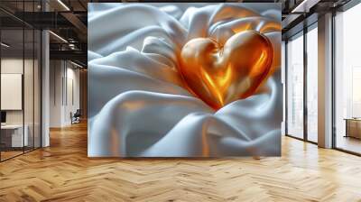 valentine banner heart shape created with flowing golden yellow color liquid resin in white silk fabric background with transparent glass effect  Wall mural