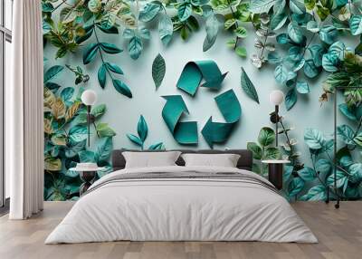 Wide banner illustration of recycle and reuse, natural green color plants and leaves with recycle logo on white background with copy space  Wall mural