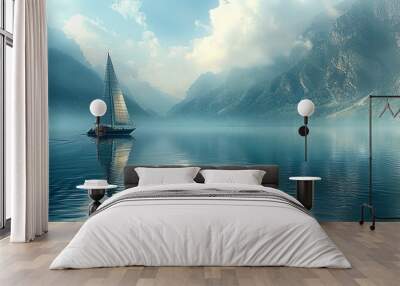 wide banner image of sailing wing boat isolated on a lake water in morning with misty mountain background and cool blue color ambience  Wall mural