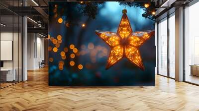 wide christmas decor banner background with gold color glowing star lanterns lighten on the floor Wall mural