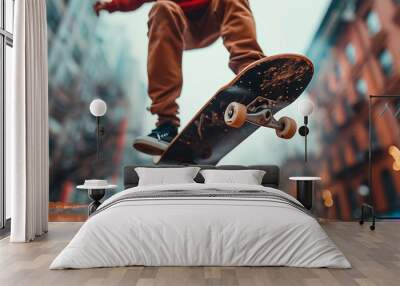 Wide closeup photo from below, an active skateboarder performing at a middle of park, action in the air with jeans and sneakers shoes Wall mural