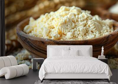 wide closeup photo of white fresh wheat flour on wooden bowl on wooden table Wall mural